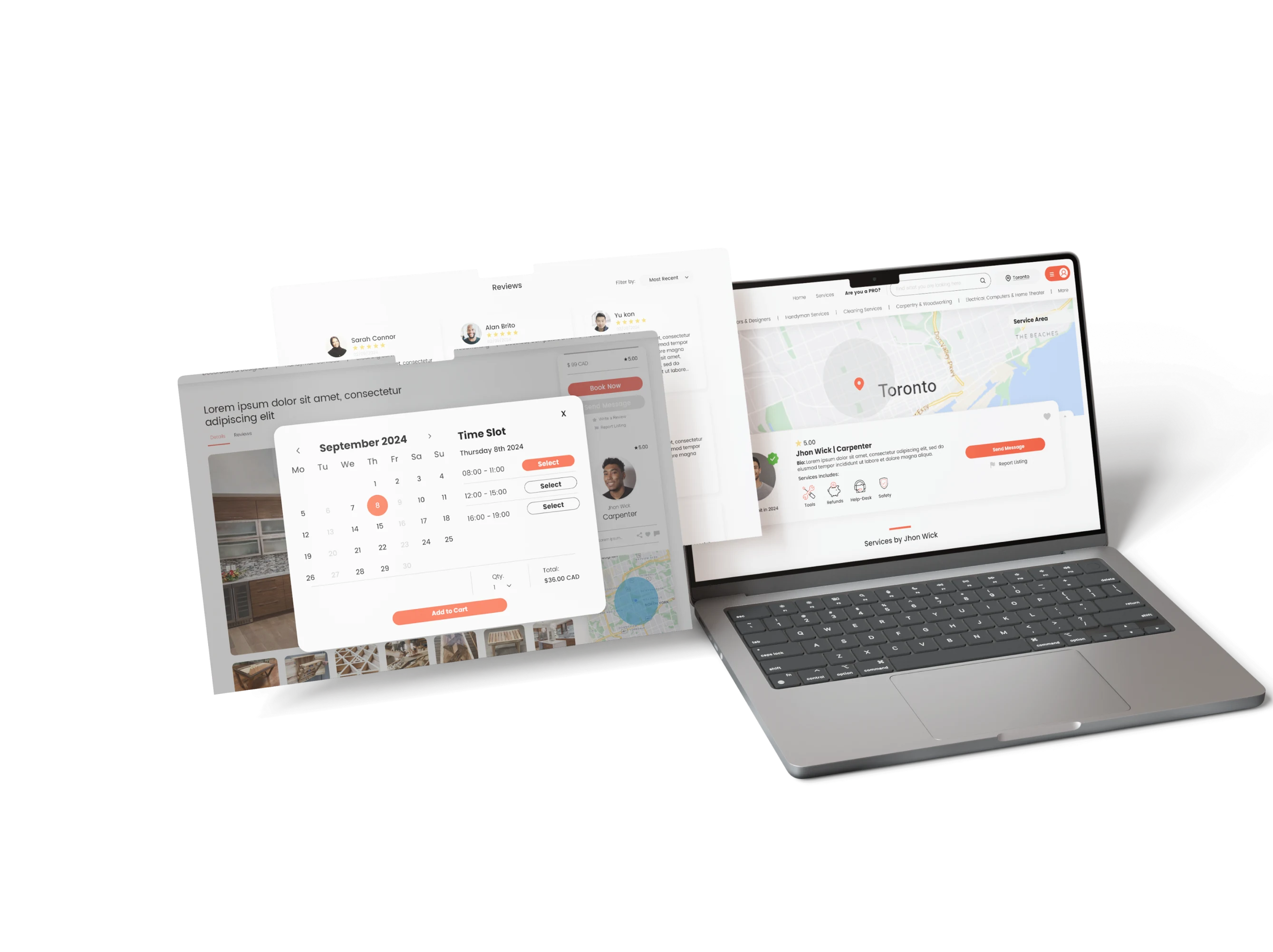 Subit — mockup de la plataforma en laptop, con pantallas de reserva flotantes