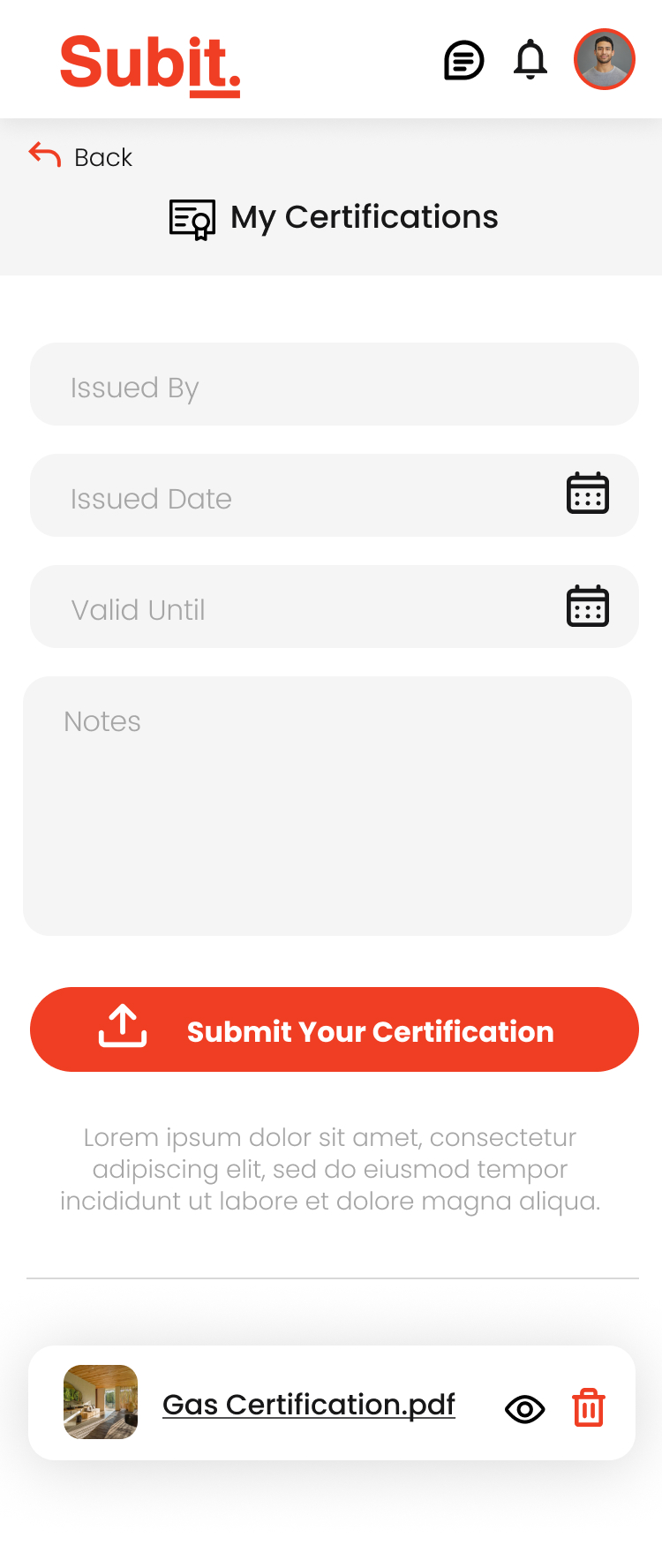 Subit — Panel de profesional, certificaciones