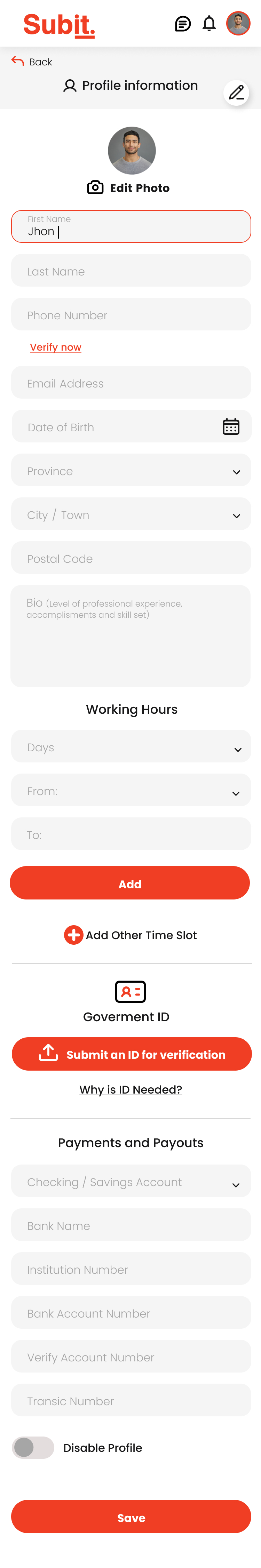 Subit — Panel de profesional, perfil